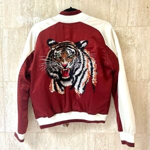 Urban Outfitters Satin Embroidered Tiger Bomber Jacket (Small) - Red/Gold